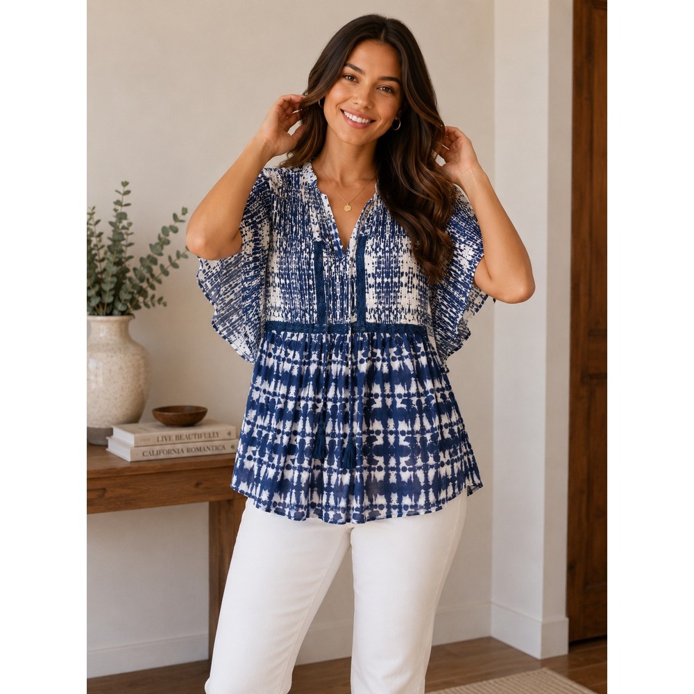 BLL New York Womens Blue‎ White Geometric Tassel Boho Blouse Flutter Sleeve Med